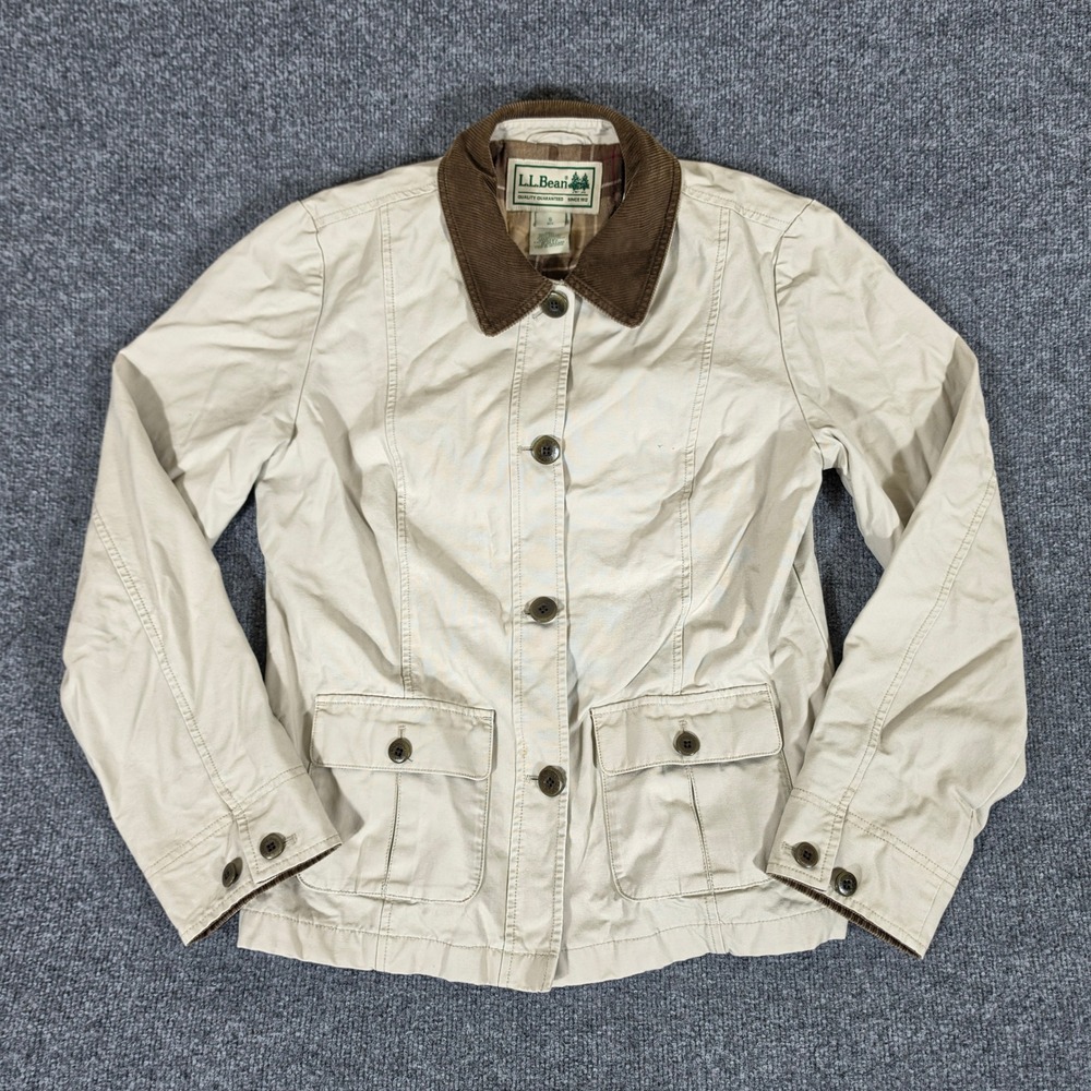 LL Bean Womens Small Khaki Cotton Barn Jacket Plaid Flannel Lined Field Coat